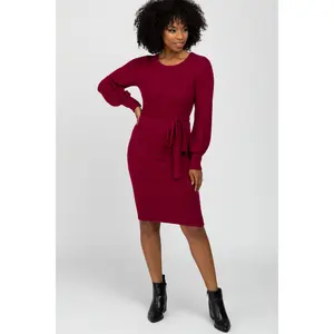 Burgundy Soft Brushed Waist Tie Bubble Sleeve Dress