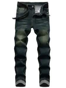 Men's slim-fitting old washed jeans, dark blue base color with gradual change of yellow and green, 5 pocket design, casual versatile trousers，orange table vis