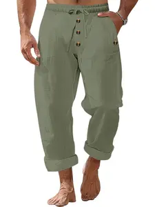 Men's Fashion Spring Summer Casual Pants, American Style Solid Color Linen Loose Drawstring Button Straight Leg Trousers for Men
