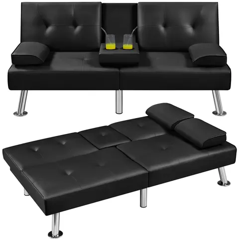 【Larger Sleeping Area】Yaheetech Faux Leather Modern Convertible Futon Sofas& Sofa Bed with 2 Throw Pillows & Drop-down Cup Holders, 3-In-1 Adjustable Futon Couch