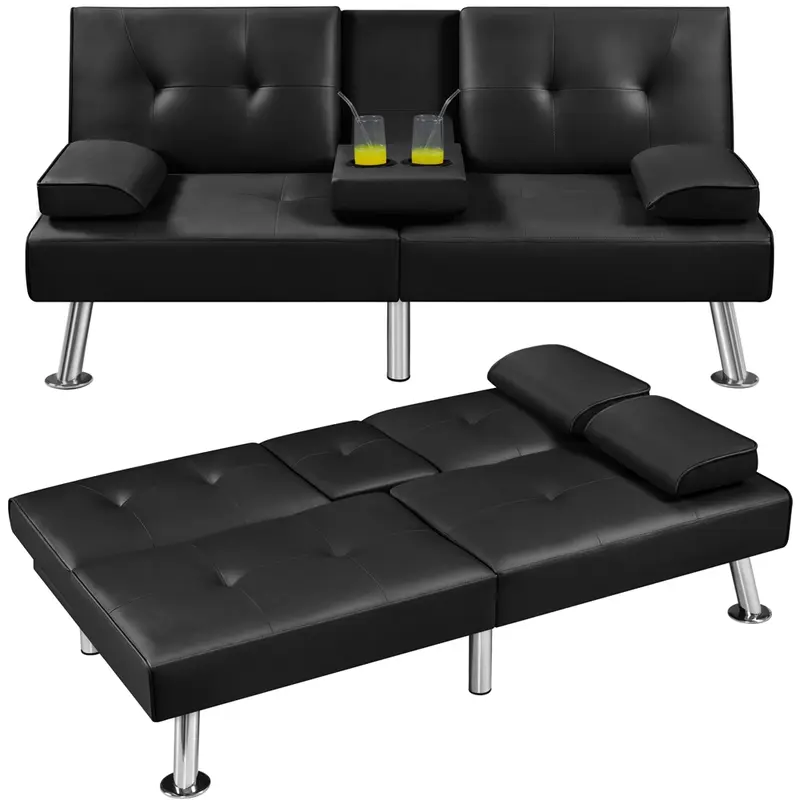 【Larger Sleeping Area】Yaheetech Faux Leather Modern Convertible Futon Sofas& Sofa Bed with 2 Throw Pillows & Drop-down Cup Holders, 3-In-1 Adjustable Futon Couch