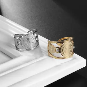 1pc Two tone Retro Carving Open Ring Golden/Silvery Available Stainless Steel Material Relief Talisman Ring collection evry jewel woman