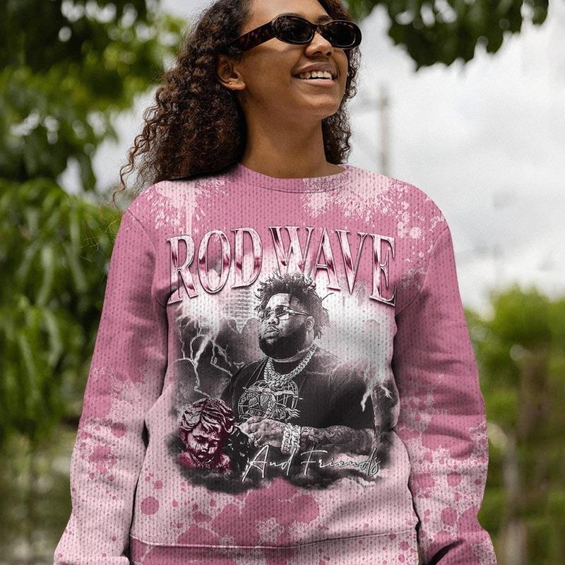 12 Pearl Pink Outfits, Pearl Pink 12s Ugly Sweater Rod Wave Rapper 90s Unisex T-Shirts To Match Sneakers Streetwear Fabric Menswear