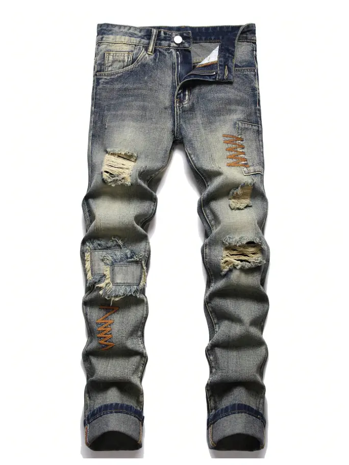 H050 Men Streetwear Vintage Washed Destroyed Patch Slim Straight Jeans