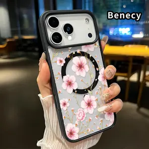 Magnetic Phone Case for iPhone 17 Pro Max 16 Plus 15 14 13 12 11 Air E Pink Petal Symphony Pattern Acrylic Back Soft TPU Edge Anti-Slip skin-friendly feel Hard Shell