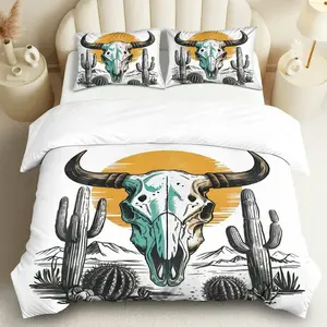 3PCS Duvet Cover Set, 1 Duvet+2 Pillowcases(Without filler), Skull Cactus Desert Sunset theme, Halloween bedding set, Western Bohemian Vintage Art Suitable for decoration bedroom dormitory guest room lounge.