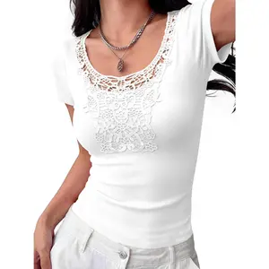 Women's Summer Scoop Neck Lace Embroidery Short Sleeve T-Shirts Ribbed Knit Slim Fitted Casual Basic Top 2026