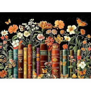 Bookshelf Diamond Painting Kit, 5D DIY Blooming Flowers & Butterflies Design, Literary Craft Perfect for Book Lover Home Wall Decor & Gifts