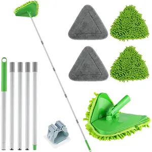 Wall Cleaner Triangle Mop with 82'' Long Handle - Wall , Cleaning Washer Tool with 4 Microfiber Chenille Duster Pads for Clean Walls, Ceiling, Windows, Baseboards, Floors (Green, 4 Pads)