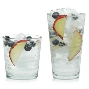 Libbey Hoops Tumbler and Rock Glass Set, Two Sized Nostalgic Retro Glass Cups Set, Dishwasher Safe Glasses Drinking Set of 16 for Any Occasion