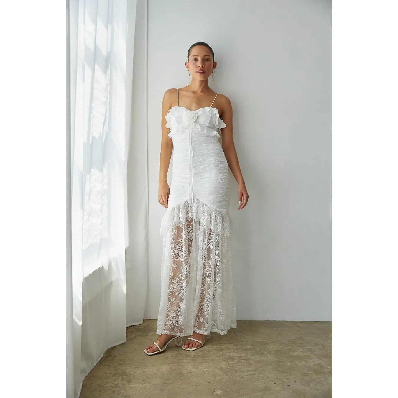 Aphrodite Lace Ruched Rosette Maxi Dress - TikTok Shop Aphrodite Lace Ruched Rosette Maxi Dress - TikTok Shop