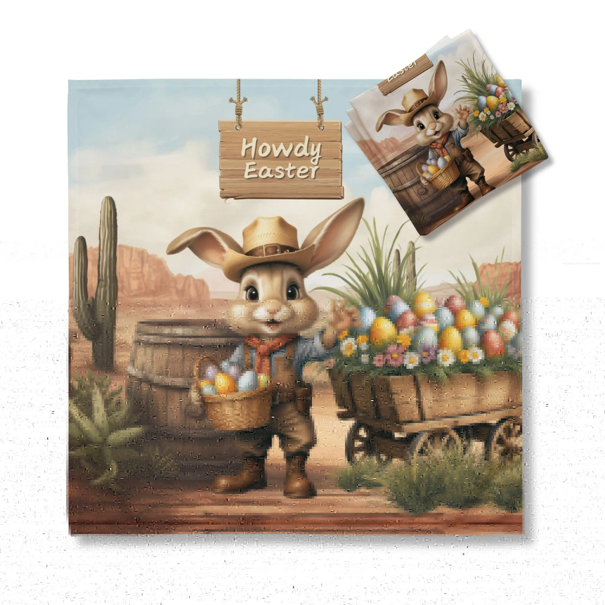 Howdy Bunny Cloth Napkin Set of 4 Cowboy Bunny Design for Easter Tableware Soft Polyester Fabric 20x20 Inches Wrinkle-Resistant Machine Washable Perfect for Easter Dinners - Cutlery