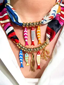 Bohemian Seahorse Octopus Coral Striped Fish Pendant Bandana Necklace Stainless Steel Alloy Square Scarf Fashion Ocean Jewelry Gift 50cm Length