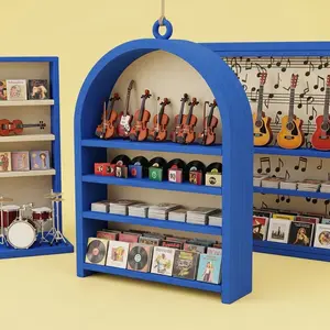 Vibrant Blue Musical Ornament Arch Shelf with Guitars and Albums Decoration Unique Christmas Gift for Vinyl Collectors