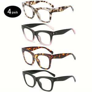 4 Pack Oversized Reading Glasses Frame with Strength Women Big Glasses Men Reader Glasses Eyewear Reading Leopard Print +1.0 to +4.0