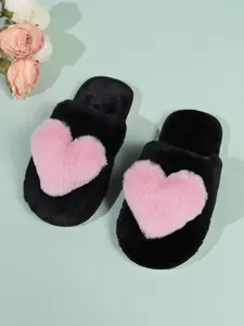 Heart Decorated Fleece Warm Indoor Slippers, Cozy Home Shoes for Autumn Winter, Comfortable Footwear for Kids