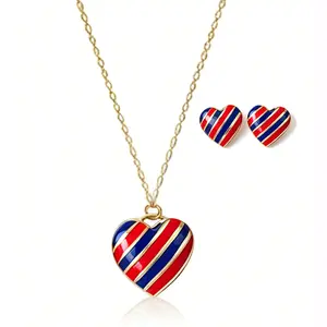 Women's necklace - ^ Heart-shaped American and striped pendant, red and blue accessories, suitable for Independence Day, heart-shaped wearing parties, parades and daily use