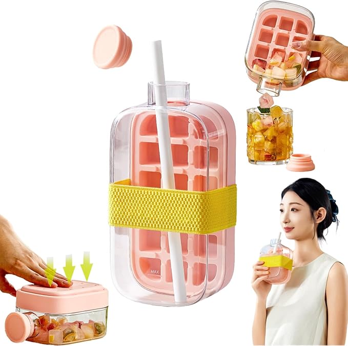 2 in 1 Ice Cube Bottle, Touch-Free Ice Cube Tray Water Bottle，Portable Ice Cube Making Bottle，Press to Release Ice Tray for Home，Outdoor, Office Ice Making (Pink, 500 ML)