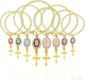 8 pcs Steering Wheel Rosary Charm Accessory Virgin Mary Hanging Pendant Cross Interior Car Accessories, Christian Gifts