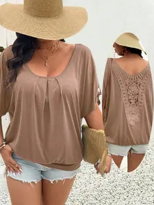 Batwing Sleeve Ruched Front Lace Back Patchwork Knit Top, Casual Fashion Big Size Blouse for Daily Wear, Soft and Comfortable