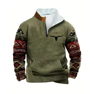 Men's Fall Winter Fitted Long Sleeve Hoodie, Colorblock Ethnic Print Design, Zipper Pockets, Casual Warm Retro Pullover Jacket