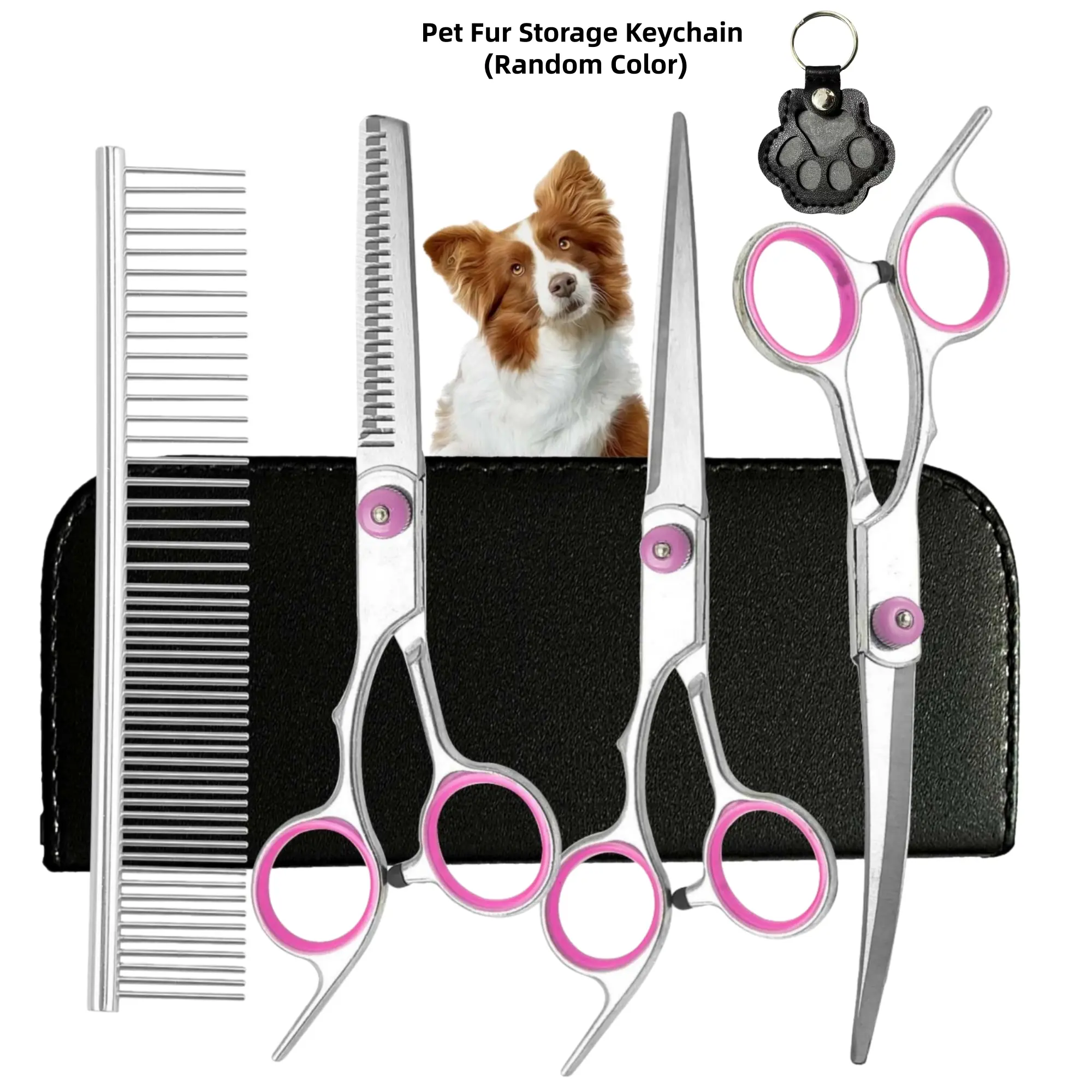 Professional Stainless Steel 5-in-1 Dog Grooming Scissors Set - Grooming Supplies with Fur Storage Keychain, Safe, Durable, Precise Pet Hair Cutting Tools, Universal No One Size Beauty/Hair Care Accessory