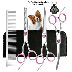Professional Stainless Steel Dog Grooming Scissors Set with Fur Storage Keychain |   Safe 5 in 1 Pet Hair Cutting Kit, Durable and Precise Trimming Tools