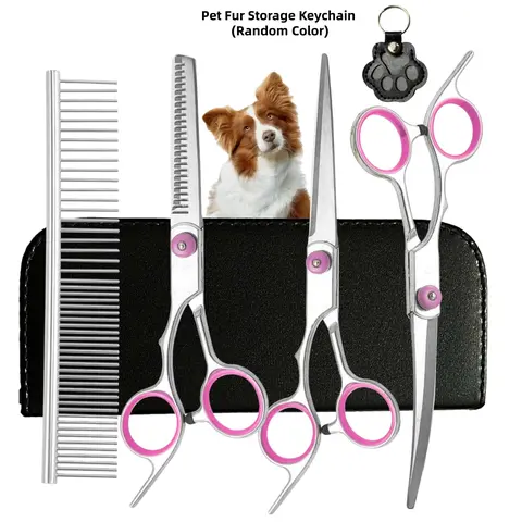 Professional Stainless Steel 5-in-1 Dog Grooming Scissors Set - Ergonomically Designed Grooming Products with Fur Storage Keychain, Safe, Durable, Precise Trimming Pet Hair Cutting Tools for Dogs