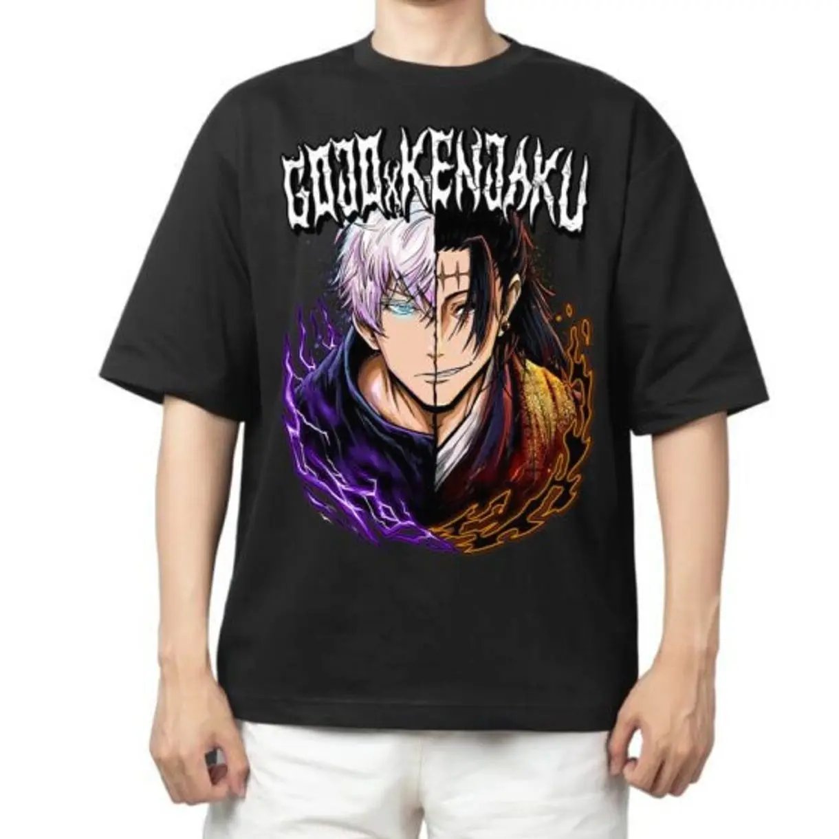 Limited Satoru Gojo Kenjaku Split Face Graphic Merch Shibuya Incident Six Eyes Oversize T-shirt Unisex Jujutsu Kaisen Streetwear Top, Heavyweight Cotton Retro Anime Shirt, Gift for Anime Lover, Clothing for fans, Seamless Oversized.