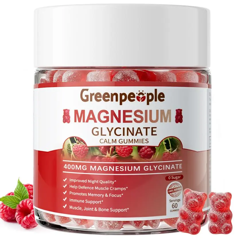 GREENPEOPLE Magnesium Glycinate Gummies 400mg - Raspberry, 60ct | Chelated Sugar Free,High Absorption Supplement with Magnesium Citrate,Vitamin D & B6 Calm,Sleep & Stress Support for Adults