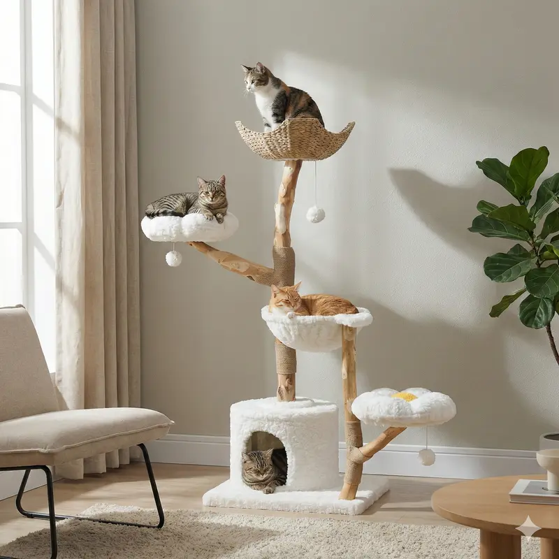 PAWZ Road 59-Inch Modern Luxury Natural Wood Cat Tree - Scratching Posts, Kitten Condo, Hammock, Flower Design, Removable Washable Mat, Keeps Furniture Safe, 23.6"l x 22"w x 59"h Indoor Cat Play Furniture