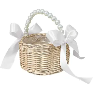 Flower Girl Basket with Pearl Handle Wedding Flower Basket Cute Rattan Wicker Basket with White Ribbon Wicker Storage Basket Decorative Baskets for Home Decor