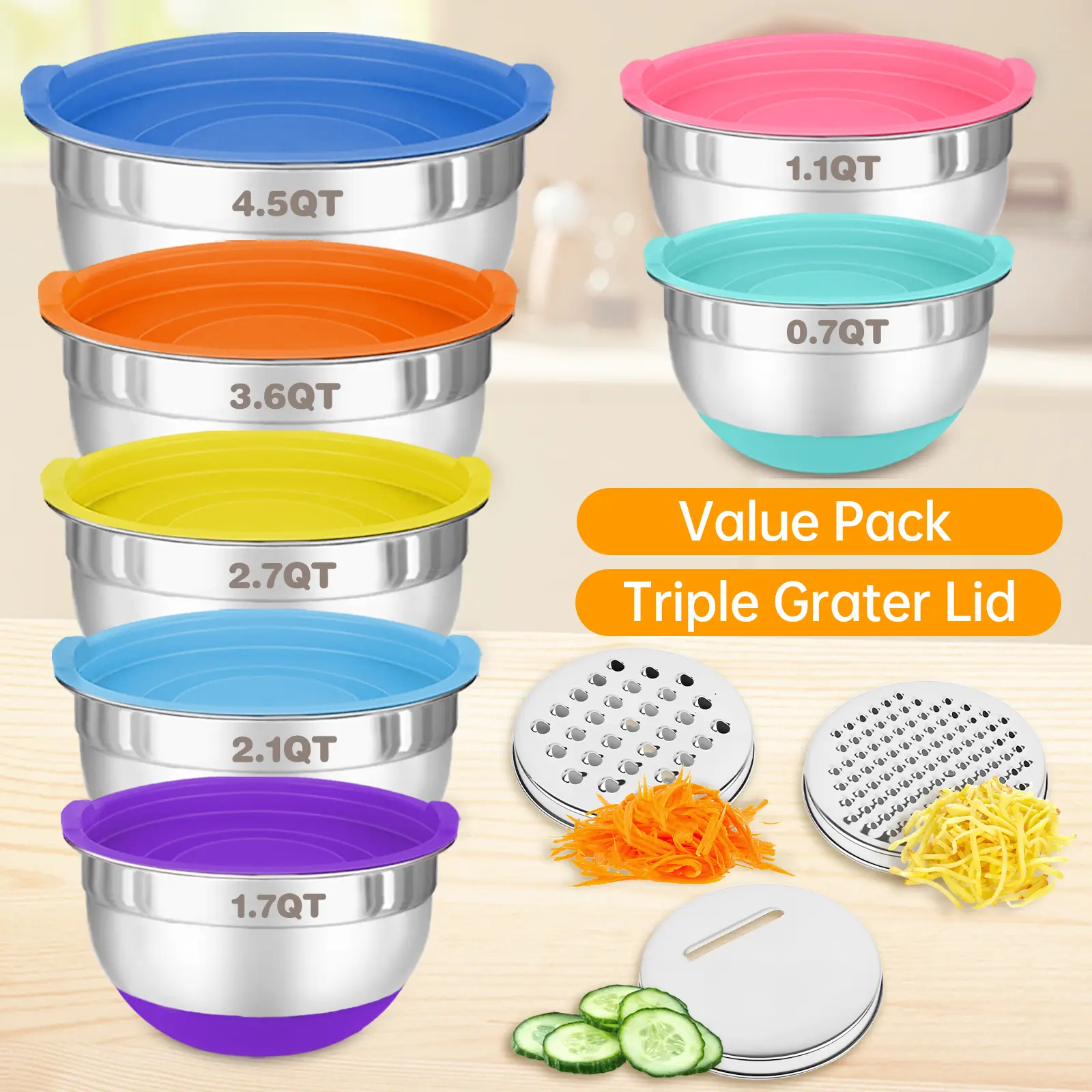 7 Piece Stainless Steel Mixing Bowls Set with Colorful Airtight Lids for Kitchen Tableware Nesting Salad Bowls Set