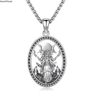 March Goddess Hecate Necklace Unisex Witch Jewelry Silver Tone Oval Pendant Daily Wear Spiritual Amulet Mystic Symbol Protection Accessory