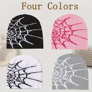 4pcs Y2K Knitted Beanie - Classic "Spider Web" Halloween Themed Casual Unisex Cap, Street Style Hip Hop Hat for Autumn and Winter Outdoor Warmth Gift, Streetwear Accessory, Cozy Knit Cap, Warm Fabric, Fashion Lovers