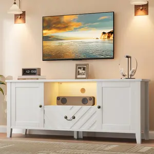 59.1 Inch Wide Entertainment Center White TV Stand Console Table with Led Lights and 2 Storage Compartment and 1 Drawer for Bedroom and Living Room