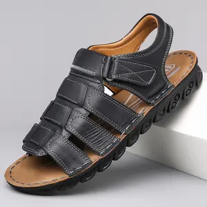 Men's Genuine Leather Open Toe Sandals, Breathable Casual Summer Shoes with Non-Slip Shock Absorbing Rubber Sole, Adjustable Strap Comfort Walking Sandals for Beach Outdoor Daily Wear，  adjustable buckle strap，  quick dry sandal，  loop fastener