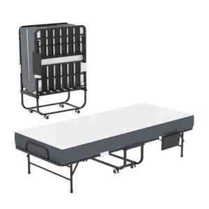 75 inch extended folding bed, 450 pound load-bearing metal frame, 5-inch memory cotton mattress with adjustable headboard and locking rollers, portable storage, space saving