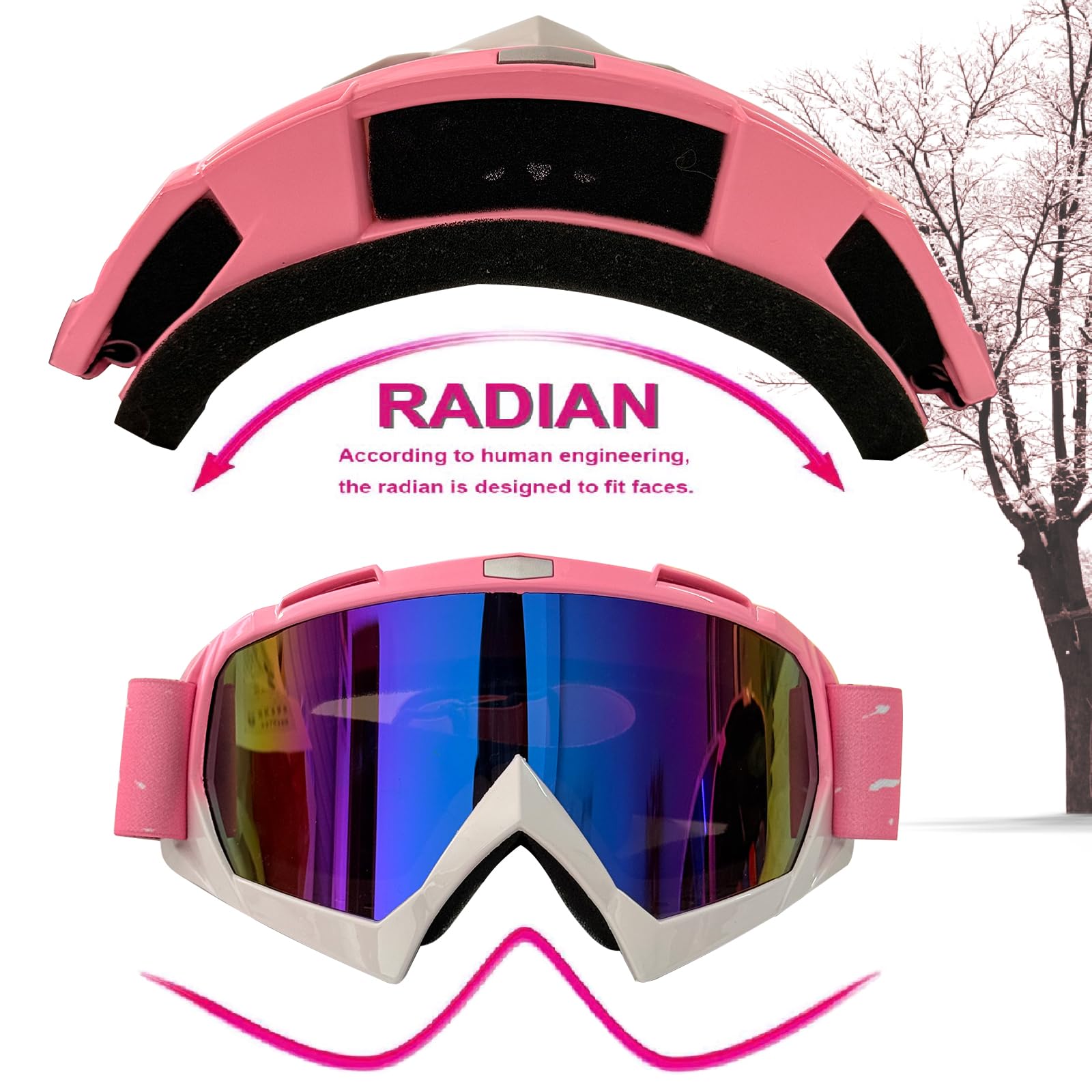 Pink Aesthetic Ski Goggles, UV Protection Anti-Fog Snowboard Goggles, Wide View Motocross Goggles For Women Teenagers Adult