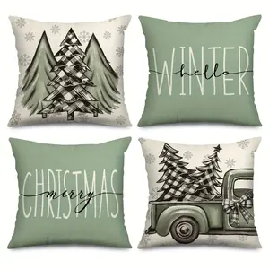 4pcs Vintage Christmas Throw Pillow Covers  Sage Green with Festive Tree, Truck & Snowflake Designs - Winter Farmhouse Decorative Cushion Cases for Home & Office, Single-sided Printing, Washable Cushions, Without Pillow Core