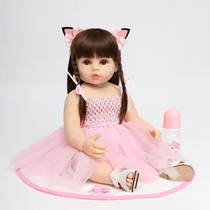 22-inch princess girl doll, silicone doll, pink suspender mesh skirt, light pink cat ear hairpin, realistic reborn doll artist, hand-painted, festival, birthday, Halloween, perfect Christmas gift for children over 3 years old