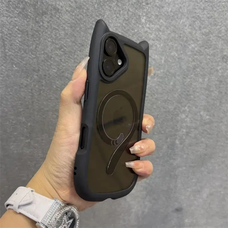 HAY Cartoon 3D Cat Ear Magnetic Case For iPhone 16 17 ProMax 12 13 14 15 Pro Max Plus 17 Air 11 with Lanyard Clear for Magsafe Cover