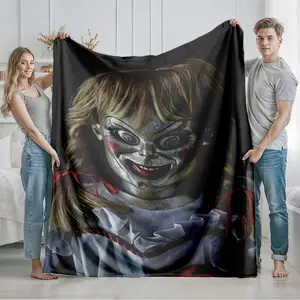 1 piece Annabelle's horror doll close-up themed flannel blanket - Modern-style flannel blanket, super soft and warm, suitable for sofas, beds and chairs, all-season multi-purpose use, machine-washable digital printing, 100% polyester, non-slip