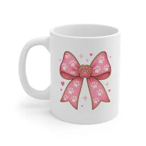 Cute Pink Paw Print Mug with Coquette Bow - Unique Dog Mom & Yorkie Lover Gift - Aesthetic Puppy Ceramic Coffee Cup - Animal Theme Farmhouse Kitchen Decor - 11oz Personalized Drinkware