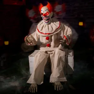 Halloween Animatronic Sitting Clown, Halloween Animated Decorations with Sound Activated, Creepy Sound, Light Up Eyes, Scary Move, Haunted House Holiday Spooky Decor  Prop, for Indoor Outdoor