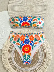 Boho Floral Print Bikini Set, High Waist Halter Top Slimming, Beach Vacation & Pool Party, Two Piece Swimsuit