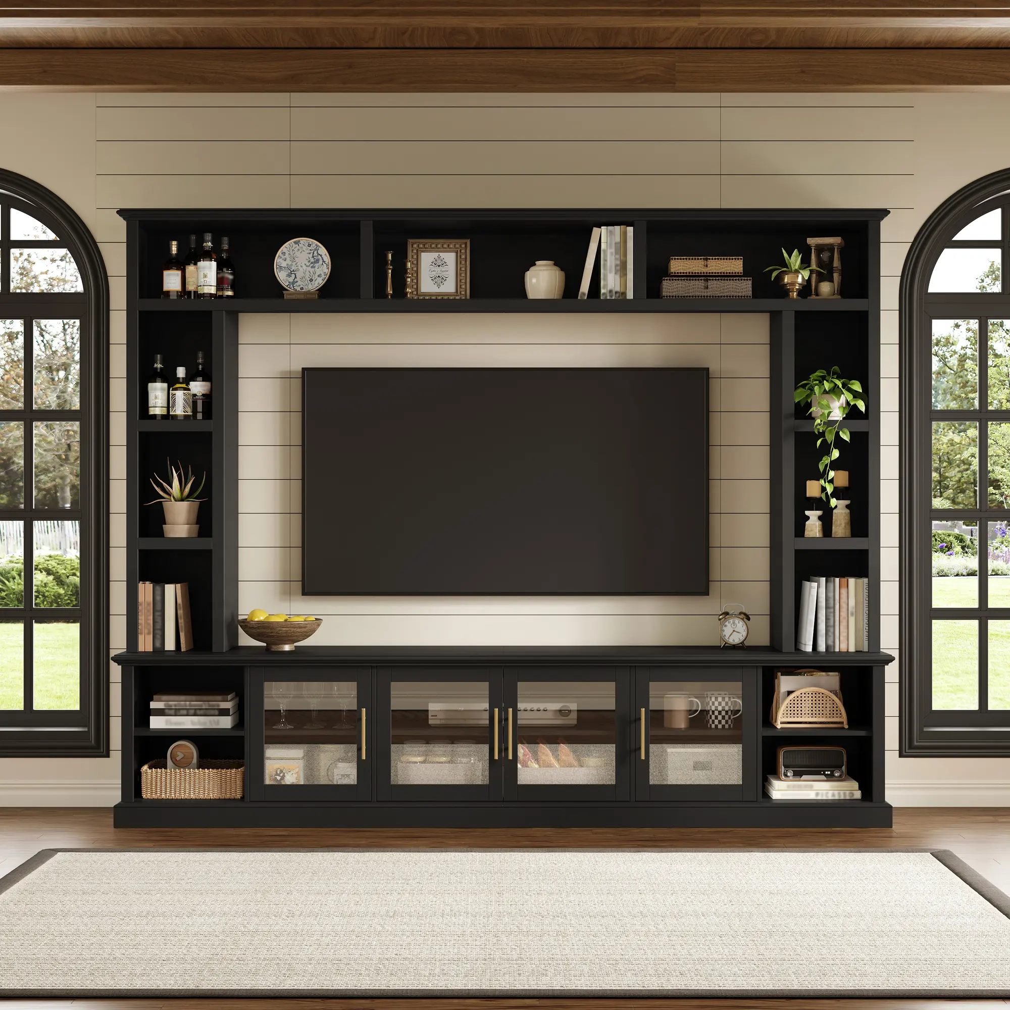 Entertainment Center Wall Unit for TVs up to 80", All-in-One Modern TV Stand with Bookshelves & Tempered Glass Doors, TV Console Unit with Shelving for Living Room, Home Theater Furniture, Home Furniture and Household Product Search Terms