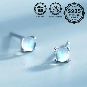 A Pair of 925 Sterling Silver Stud Earrings Female Inlaid round Moonstone Hypoallergenic Jewelry for Daily Party Wear, Best Gift for Festival