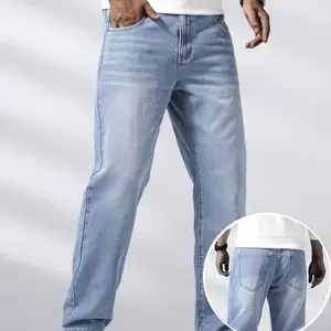 Men's Convertible Blue Straight Jeans for Weekend Camping - Roll-Up Cuff Clips, Multi-Tool Pocket, Rugged Fit in Forest Lake Blue