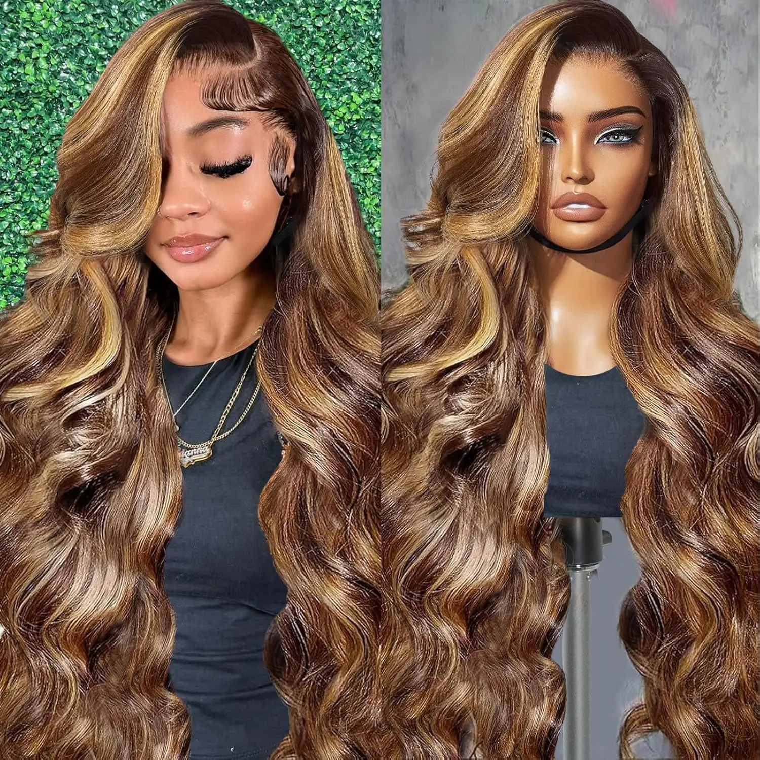 Ombre Highlight Lace Front Wigs Human Hair Pre Cut 13X6 Glueless #4/27 Honey Blonde Body Wave Wigs for Women Pre Plucked with Baby Hair Lace Closure Wig with Drawstring 180% Density 28 Inch summerwins